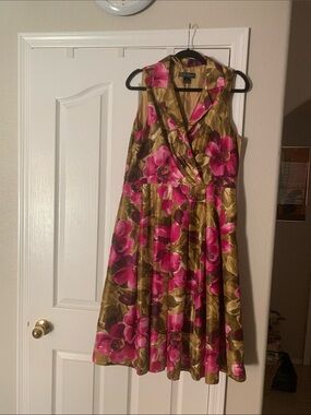Jessica Howard Olive-Gold and Hot Pink Floral Sleeveless Midi Dress